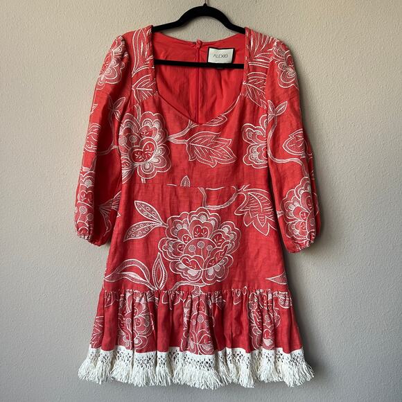 Alexis Claribel Coral Embroidered Linen Mini Dress Size M - Picture 2 of 5